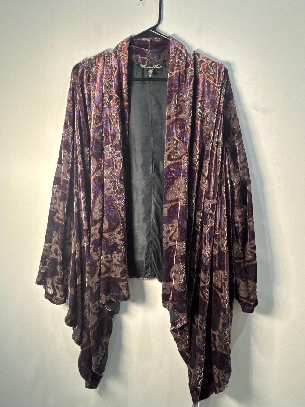 Vintage Winter Kate Medium Purple Paisley Velvet Burnout Silk Open Boho Duster